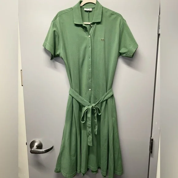 Lacoste Dresses, Size EU 38 Green Women's Cotton Piqu Belted Polo Dress